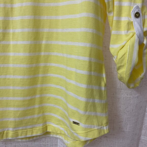 Tommy Hilfiger Women Size L Pullover Top Yellow White Striped 3/4 Sleeves Cotton - Picture 2 of 5